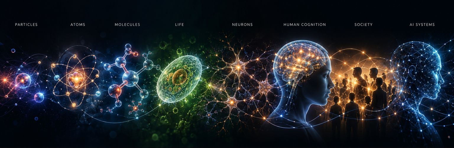 Particles, atoms, molecules, life, neurons, cognition and artificial systems connected by luminous pathways
