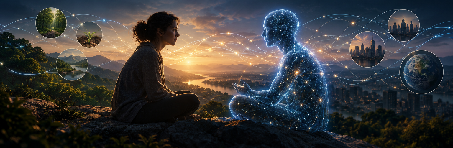 Human and luminous artificial figure in dialogue, connected by threads of light across a landscape